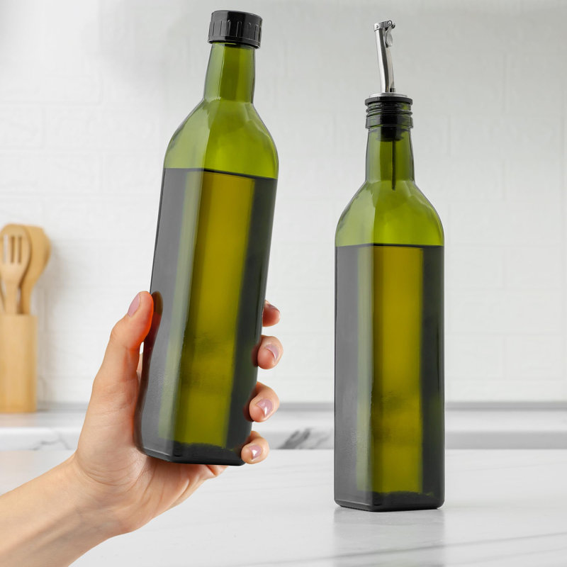 Green Glass Olive Oil Dispenser with Pour Spout, 17 oz
