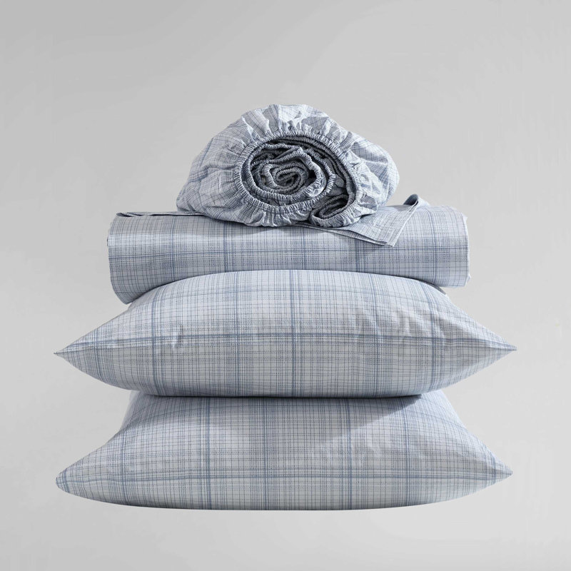 Calvin Klein Printed Sateen Cotton Sheet Set, Queen Sheet Set + 1 Fitted Sheet + 2 Pillowcases, Grid Blue