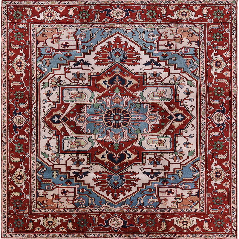 Tapis oriental rouge et bleu, Carré 8 pi