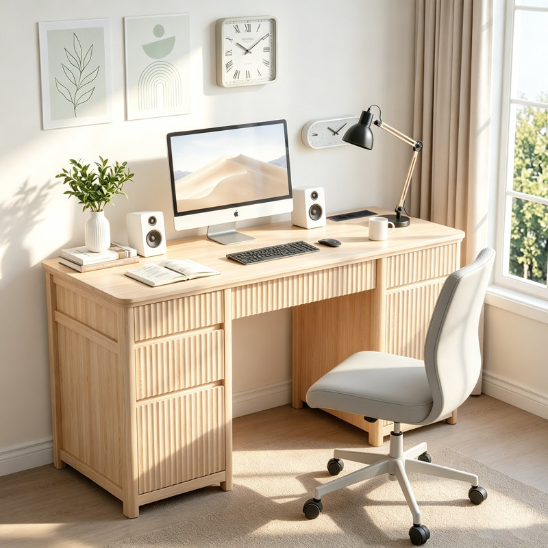 Bureau de direction cannelé de 55 po de largeur avec plateau pour clavier et tiroirs classeurs, bureau à domicile en bois avec prise de courant et 5 tiroirs de différentes tailles, chêne