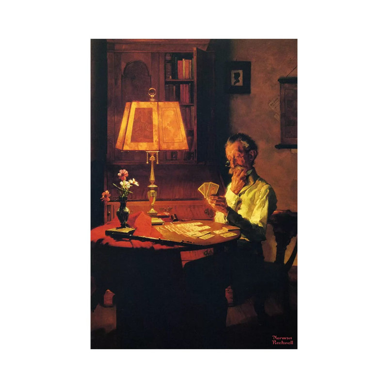 Man Playing Cards By Lamplight by Norman Rockwell - Wrapped Canvas Print