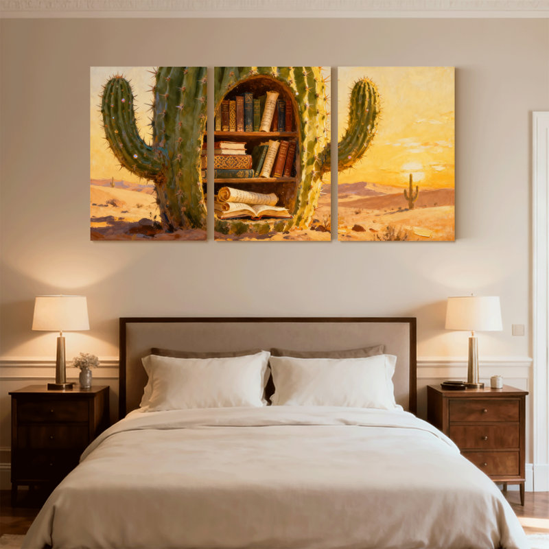 Cactus, cactus, bibliothèque, paysage désertique, coucher de soleil, reproduction d'art, ensemble de 3 impressions sur toile