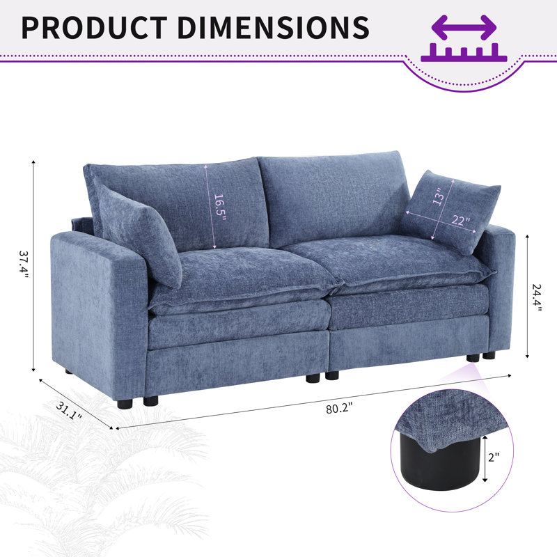 80.2'' Wide Modern Upholstered Sofa, Chenille Couch With Square Armrests, Blue