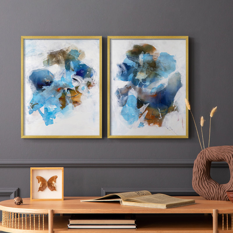 Impression encadrée «Misty Blue I-Premium» - prête à être accrochée - aucun clou requis - aucun clou requis, Doré