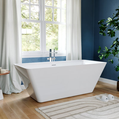 66" Modern Acrylic Freestanding Bathtub - Glossy White Soaking Tub with Pre-Drilled Drain and Overflow