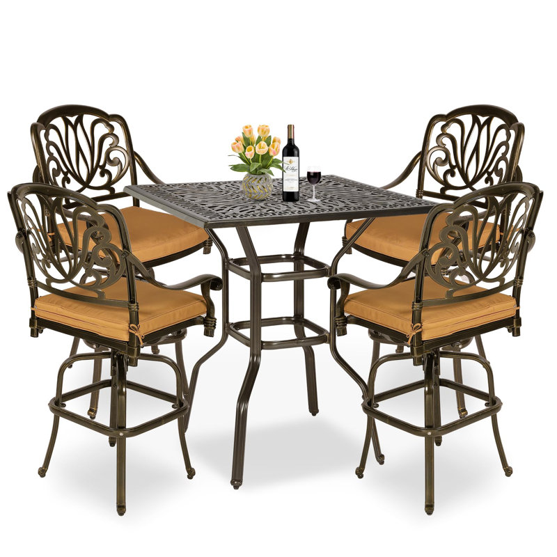 Meetwarm 5-Piece Patio Swivel Bar Set, All-Weather Cast Aluminum Outdoor High Bar Stool Bistro Set For Backyard Garden With 4 Cushions Bar Chairs With Footrest And 35.4" Bar Table, 2.2" Umbrella Hole