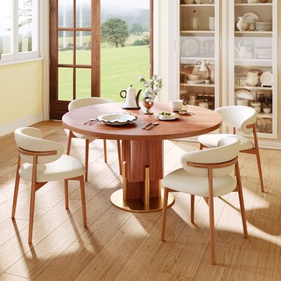4-Pieces Modern Farmhouse Round Dining Set With 59" Solid Wood Table & Upholstered Chairs