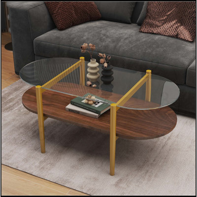 Table basse ovale en forme de verre avec design moderne médiéval, rangement double couche, verre transparent et panneau de fibres à densité moyenne brun pour le salon