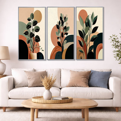 «Black and Green Bohemian Minimalist Plant - Abstract Botanical», reproduction de toile 3 pièces