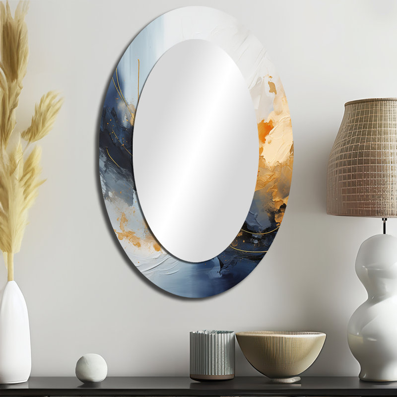 Tempête de marbre bleue et jaune tempête VII - Grand miroir mural ovale sur métal, 36 po x 24 po