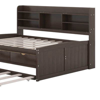 Brona Full Size Wooden Captain Bed with Built-in Bookshelves, Three Storage Drawers and Trundle by Latitude Run