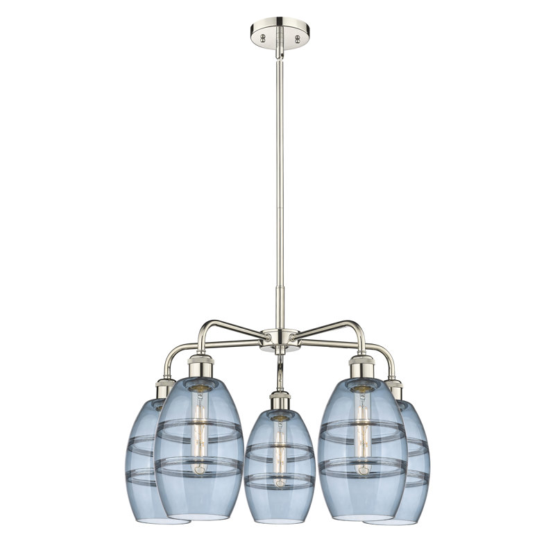 Lustre rond / ovale à abat-jour 5 lumières, H 13,63 po x l 23,88 po x P 23,88 po, Bleu princesse, Nickel poli