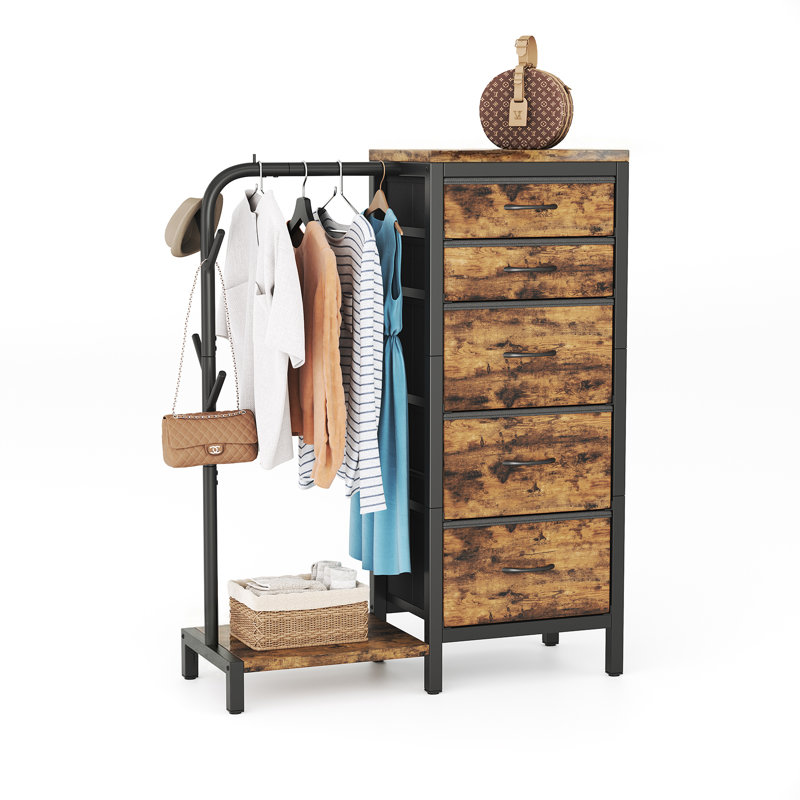 Dresser with Hanging Rack,Extra Large Capacity Drawers with Huge Storage Space, Reversible Dresser for Bedroom with 5 Fabric Drawers & 2 Coat Racks Small Dressers with Clothes Racks,Lockers,Storage Cabinets,Storage Bins,Wardrobe