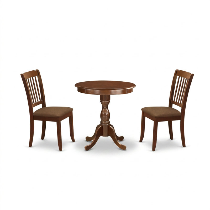 Ensemble de table de salle à manger ronde en bois dur asiatique, fini acajou, tissu lin brun, table sur pied et 2 chaises à dossier à lattes