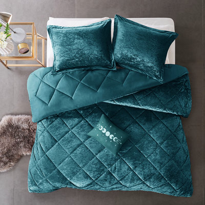 Twin/Twin Xl Velvet Comforter - Teal Shade Diamond With Decorative Pillow Machine Washable, Steam Iron For Lustrous Finish Luxury Includes