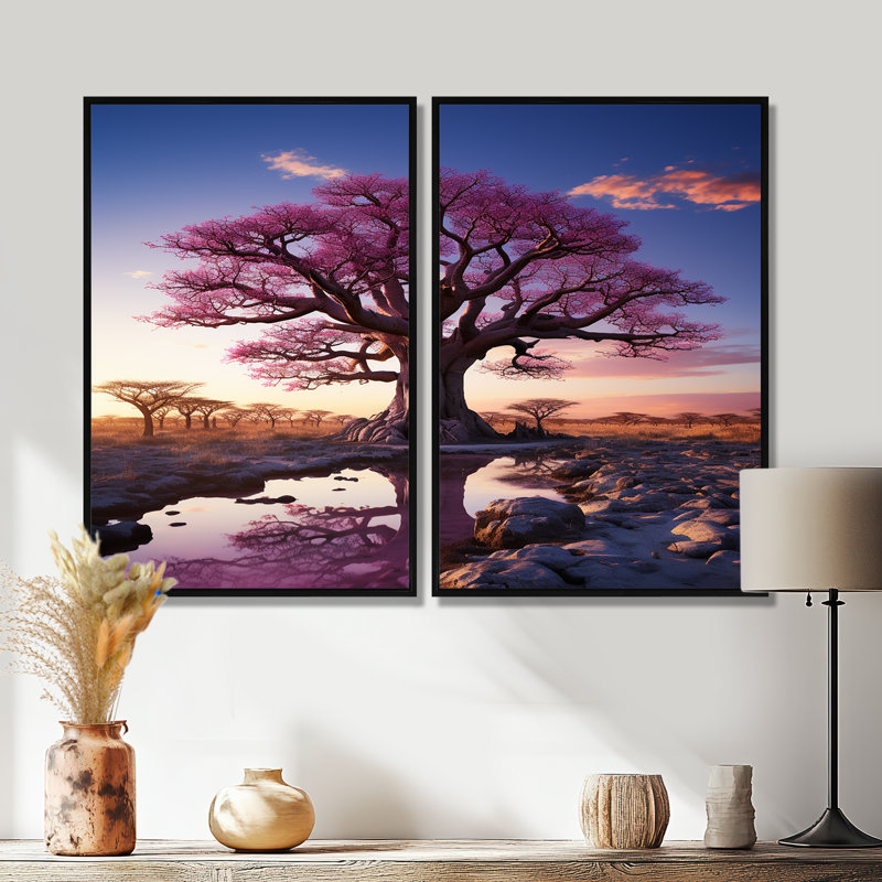 Baobab Trees Enchanted Hues I - Art mural grand baobab, Noir, H 36 po x l 48 po, Impression encadrée flottante