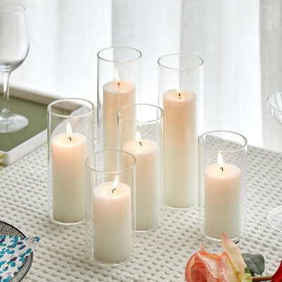 Set of 6 Borosilicate Glass Cylinder Candle Holders with 6 White Pillar Candles, 3 Sizes Hurricane Candlesticks for Wedding Table Centerpiece & Home Decor
