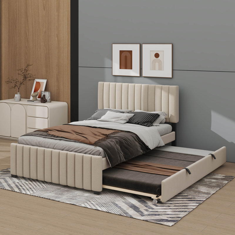 Full Velvet Platform Bed With Twin-Sized Pull-Out Trundle Compartment, Beige
