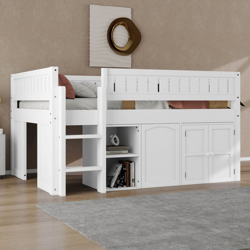 Lit mezzanine double avec armoire de rangement et tableau noir, structure en bois robuste, conception peu encombrante, Blanc