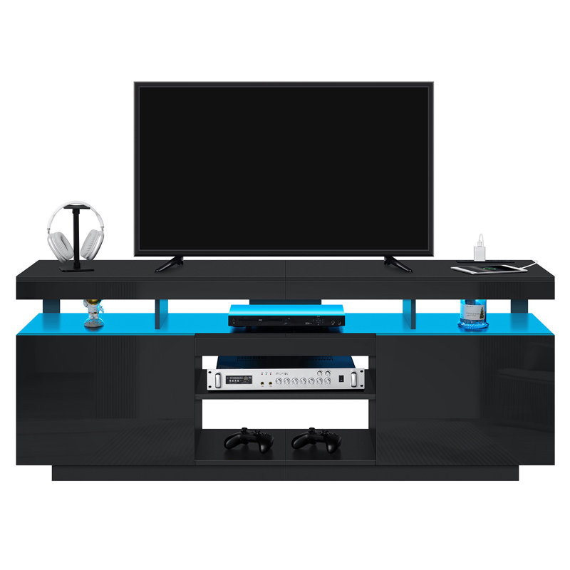 Meuble télé Giess pour téléviseur de 70 po ou moins, centre de divertissement de jeu avec prises et lumières DEL, Noir