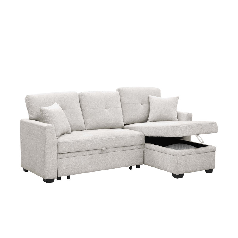 Linen Blend Upholstered Sectional With Pull-Out Bed And Chaise Storage, Beige