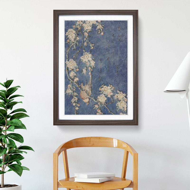 Bullfinch and Weeping Cherry Blossoms by Katsushika Hokusai - Picture Frame Painting Print on MDF, Walnut Framed