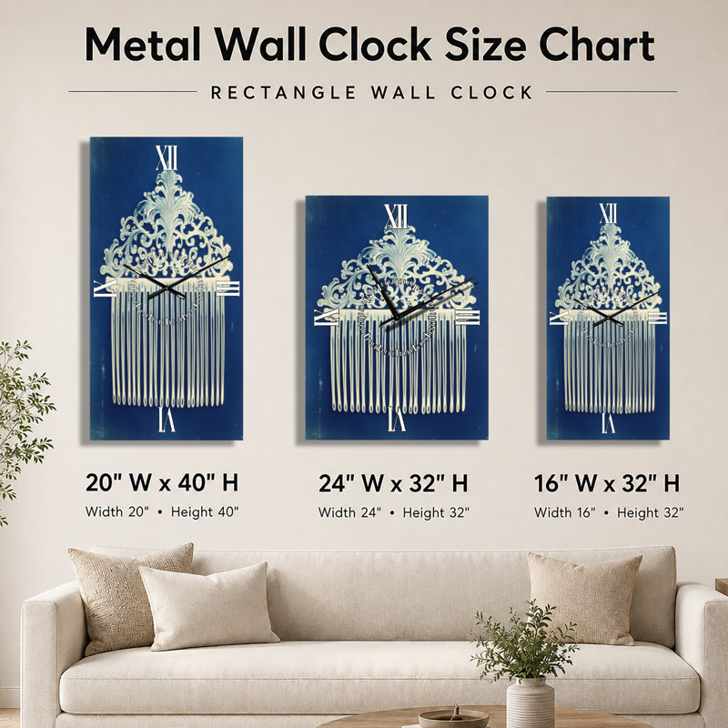 Peigne victorien bleu de Prusse II - Horloge murale silencieuse traditionnelle en métal, H 40 po x l 20 po - Rectangle