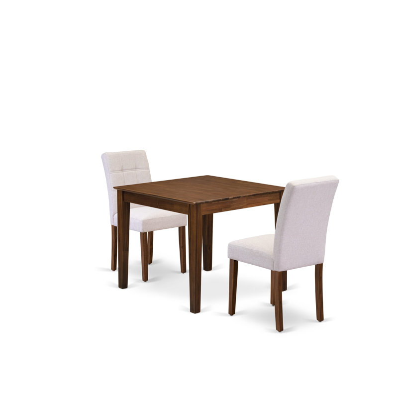 L'ensemble de salle à manger 3 pièces contient une table de cuisine en bois et 2 chaises de salle à manger en tissu de polyester beige brume, noyer antique