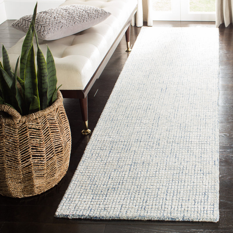 Tapis ivoire / bleu fait à la main Rowe, Tapis de couloir 2 pi 3 po x 14 pi