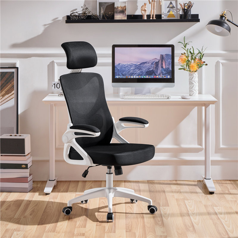 Fauteuil de travail ergonomique avec appui-tête et accoudoir rabattable Joyti, Noir, Blanc