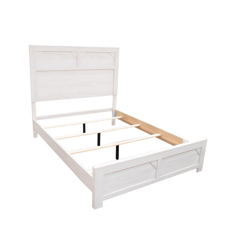 Lit moderne grand, tête de lit haute et pied de lit bas, bois blanchi