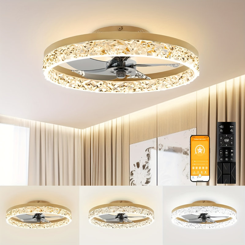 Ventilateurs de plafond à profil bas de 20 po avec lumières DEL, ventilateur de plafond encastré moderne et télécommande, gradation continue 3 couleurs et 6 vitesses. Pour chambre à coucher, salle à manger