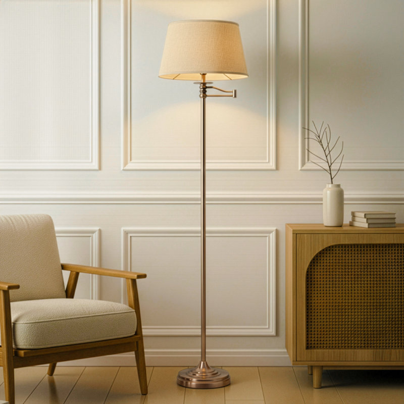 Caden 62 in. Mid-Century Modern Extendable LED Floor Lamp with Fabric Drum Shade, Bronze