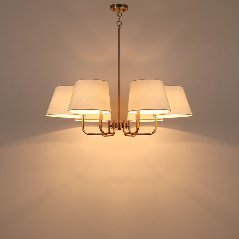 Lustre classique / traditionnel 6 lumières avec abat-jour blanc, Laiton brossé
