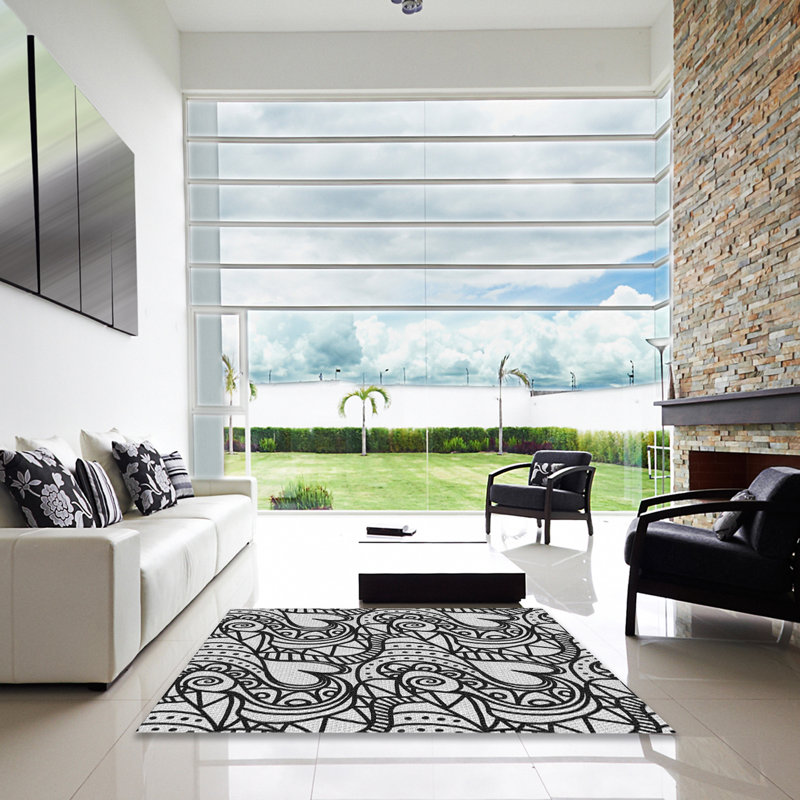 Tapis noir/blanc à motifs, Carré 4 pi