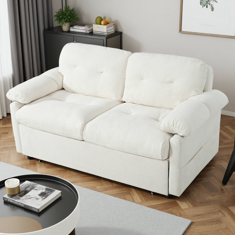 3-in-1 Convertible Sleeper Couch Queen Size Pull Out Sofa Bed Chenille Loveseat with Storage, Beige