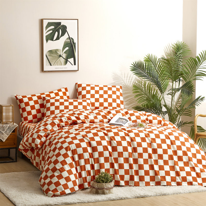 Grid Comforter Set Plaid Bedding Set 1 Checkered Comforter with Pillowcases, Orange/White Grid
