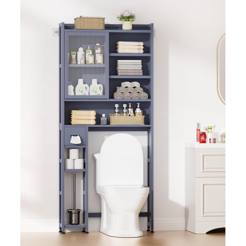 Over The Toilet Storage Cabinet With Acrylic Door Panel And Paper Towel Drawer, Bamboo Toilet Shelf, Organizer Rack Above Toilet For Bathroom (Without Power Strip)