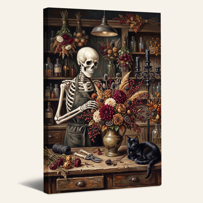 «Skeleton Florist Arranging Flowers with Black Cat», art mural sur toile d'Halloween