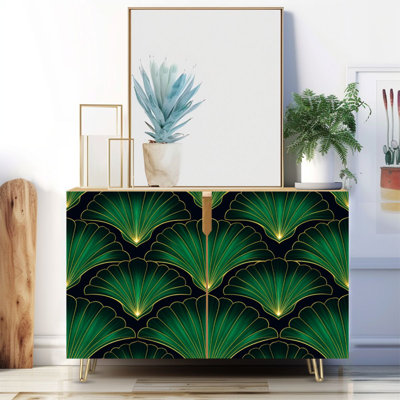 Buffet étroit de 35,4 po de largeur - armoire de rangement d'appoint à 2 portes avec éléments en tissu vert foncé imprimés en tissu et pieds en métal