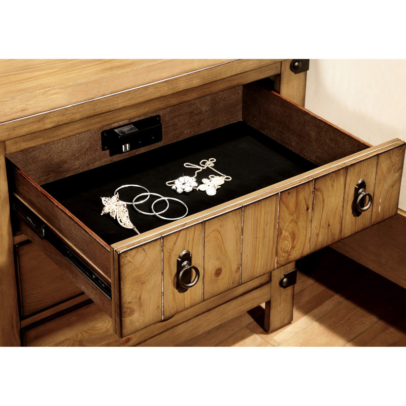Table de chevet vieillie avec roulement à glissière en métal et option de charge en bois massif moderne avec poignée en bronze