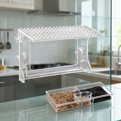 Mangeoire pour fenêtre transparente en acrylique transparent avec plateau à graines et à eau détachable, ventouses robustes pour un montage facile et une vue rapprochée des oiseaux