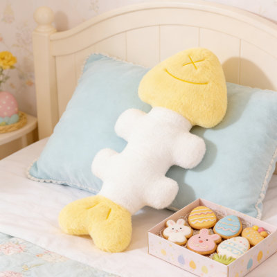 Coussin mignon en forme d'os de poisson - tête de poisson jaune et coussin décoratif en peluche 38 pouces blanc pour chambre à coucher, salon, canapé