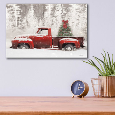 «Red Truck with Christmas Tree II» par Lori Deiter, art mural en verre acrylique