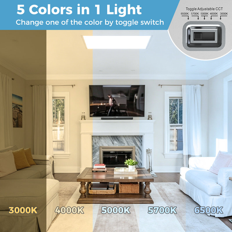 2 Pack 2x2 LED Flat Panel Light, 5 CCT Selectable (3000K-6500K), 5 Wattage (30-50W), 5500Lm, 0-10V Dimmable, 120-277V, Drop Ceiling Light for Commercial & Home