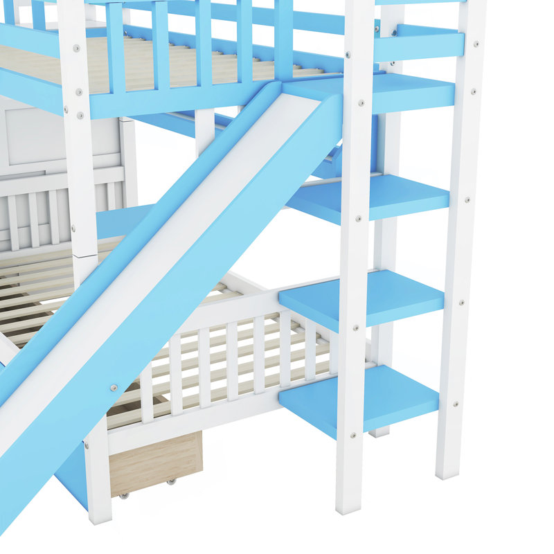 Lit superposé simple au-dessus d'un lit simple avec 2 tiroirs, 3 tablettes et glissière - bleu, Bleu