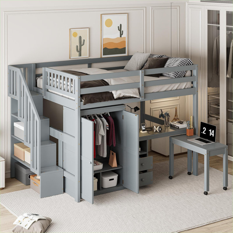 Solid Wood Classic Gray Full Size Platform Loft Bed With Integrated Storage, Desk And Wardrobe For Kids And Teens