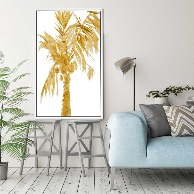 «Gold Palms I», reproduction de peinture à l'aquarelle, H 43,5 po x l 27,5 po x P 2 po, Cadre flottant blanc