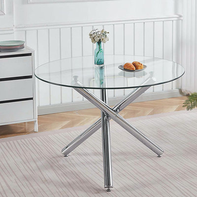 Table de salle à manger ronde avec pieds en métal et verre trempé, table de cuisine moderne pour le salon