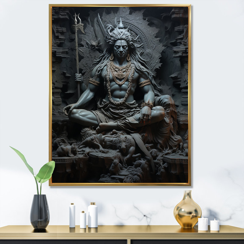 Hindouisme Shivas Somber ardoise encadrée sur toile, H 44 po x l 34 po x P 1,5 po, Cadre flottant doré